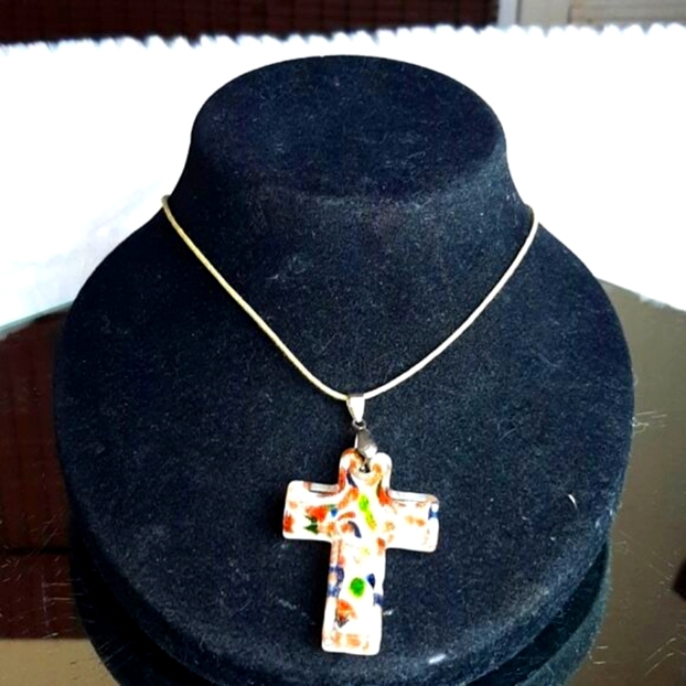 Blown  Glass  Multi Color Cross  Pendant  On Yellow Cord  ‎ Necklace New